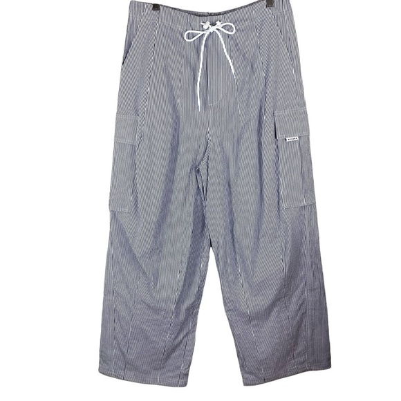 Nylora Pants - Nylora Womens Baggy Taper Cargo Crop Pants One Size Fits Most Striped Navy White